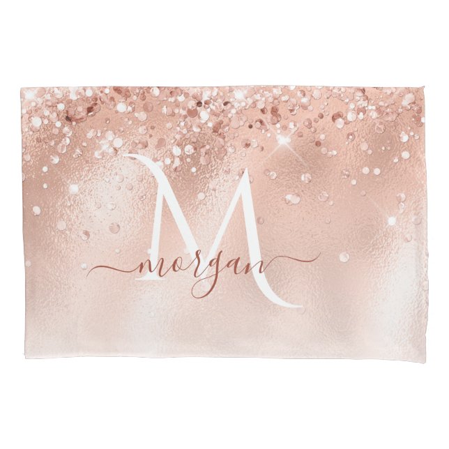 Glitter Peach Rose Gold Monogram Pillowcase (Front)