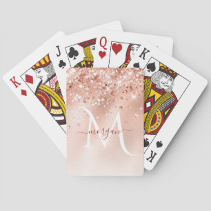 Glitter Peach Rose Gold Monogram Playing Cards