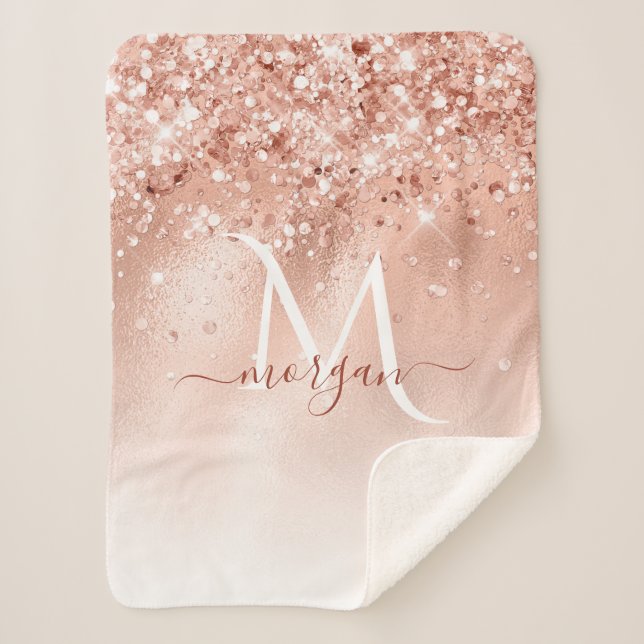 Glitter Peach Rose Gold Monogram Sherpa Blanket (Front)