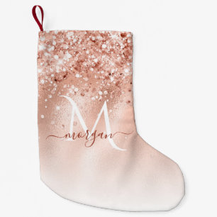 Glitter Peach Rose Gold Monogram Small Christmas Stocking