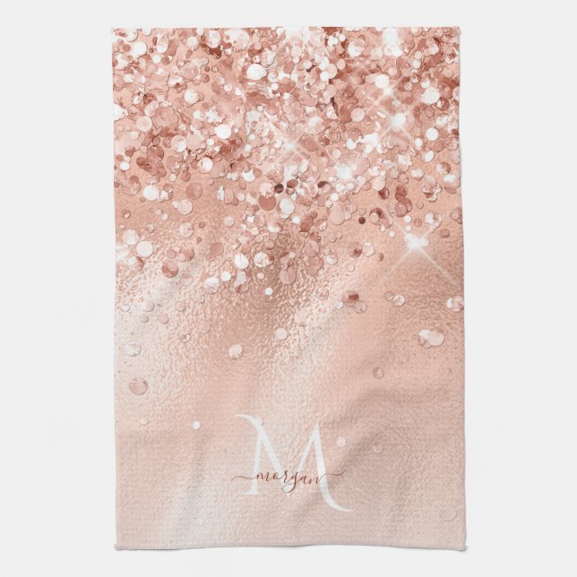 Glitter Peach Rose Gold Monogram Tea Towel (Vertical)