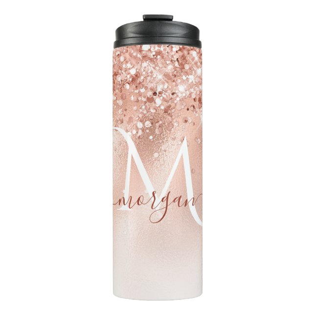 Glitter Peach Rose Gold Monogram Thermal Tumbler (Front)