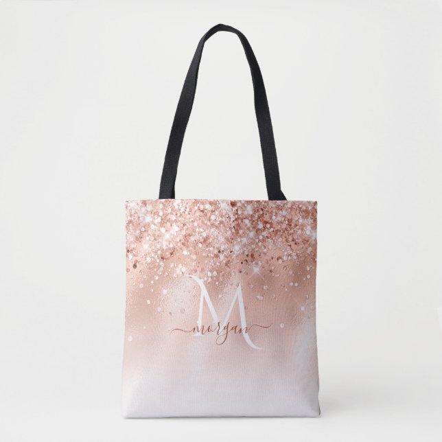 Glitter Peach Rose Gold Monogram Tote Bag (Front)
