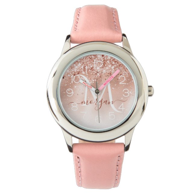 Glitter Peach Rose Gold Monogram Watch (Front)