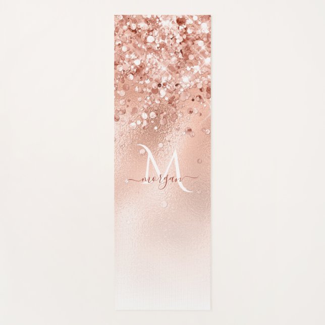 Glitter Peach Rose Gold Monogram Yoga Mat (Front)