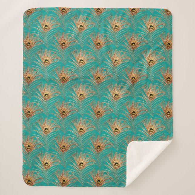 Glitter Peacock Feathers Pattern  Fleece Blanket (Front)