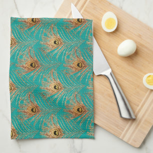 Glitter Peacock Feathers Pattern Tea Towel