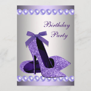 Glitter Pearls Purple High Heels Shoes Birthday Invitation