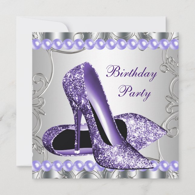 Glitter Pearls Purple High Heels Shoes Birthday Invitation (Front)