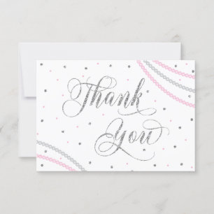 Glitter & Pearls Thank You Card, Pink, Faux Silver