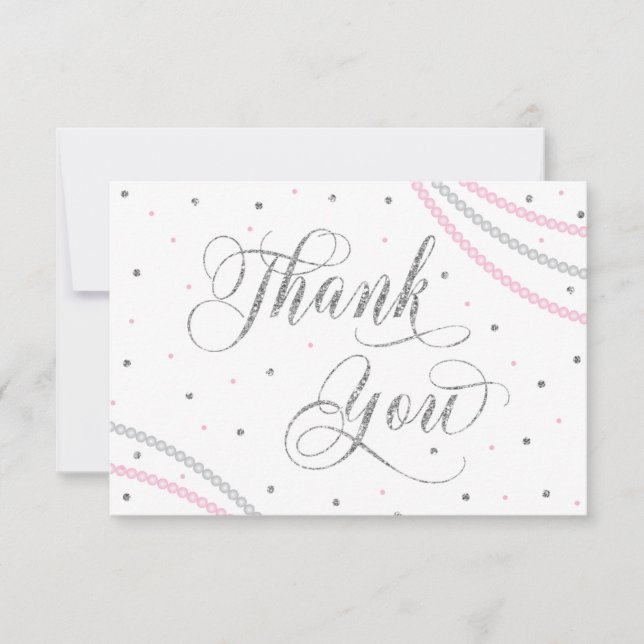 Glitter & Pearls Thank You Card, Pink, Faux Silver (Front)