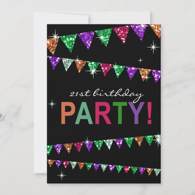 Glitter Pennant Flags 21st Birthday Celebration Invitation (Front)