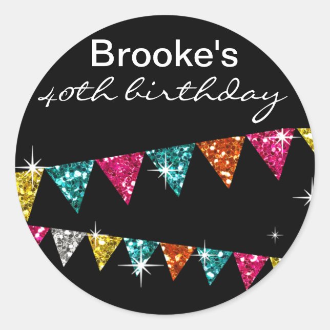 Glitter Pennant Flags 40th Birthday Celebration Classic Round Sticker (Front)