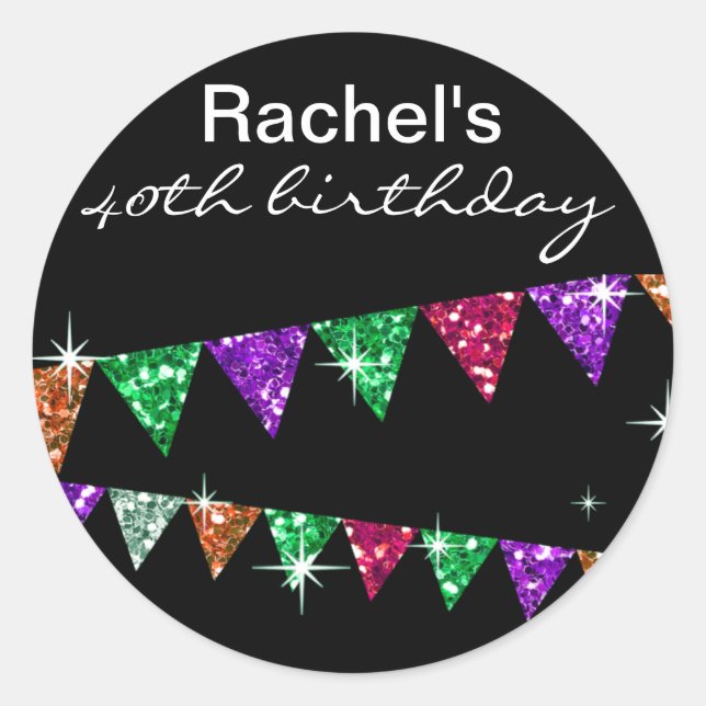 Glitter Pennant Flags 40th Birthday Celebration Classic Round Sticker (Front)