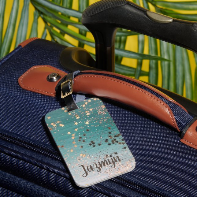 Glitter Personalised Gold Stars on Teal Luggage Tag (Front Insitu 1)