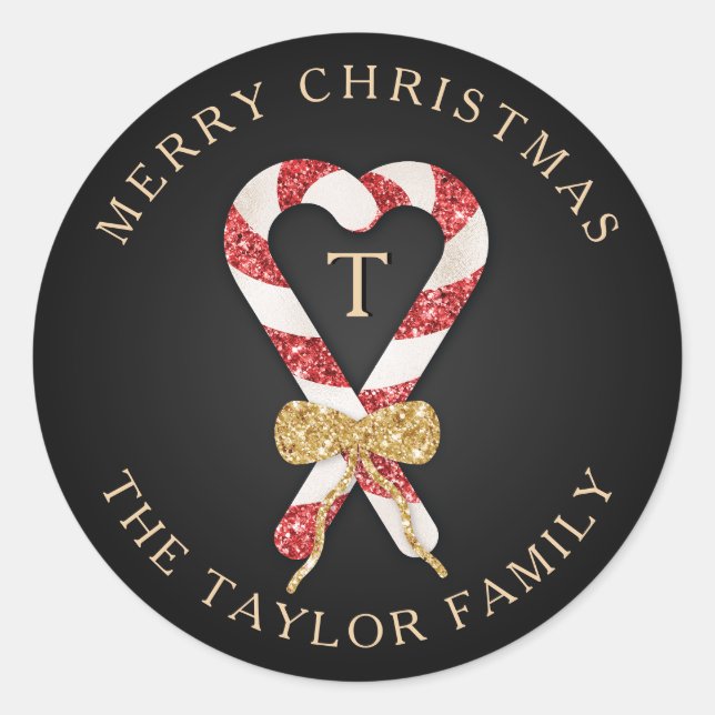 Glitter Personalised Monogram Merry Christmas Classic Round Sticker (Front)