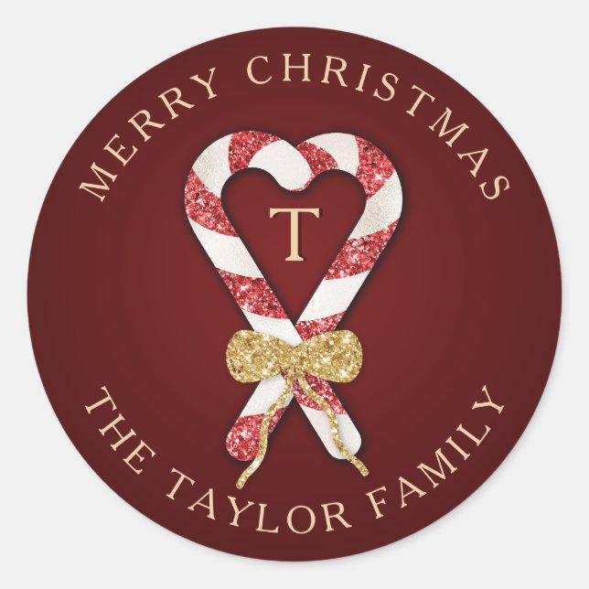 Glitter Personalised Monogram Merry Christmas Classic Round Sticker (Front)