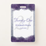 Glitter Personalised Purple Silver 21st Birthday ID Badge<br><div class="desc">Elegant 21st birthday party badge with personalised name and date for your celebration. Silver glitter and purple watercolor with sparkle. Beautiful typography.</div>