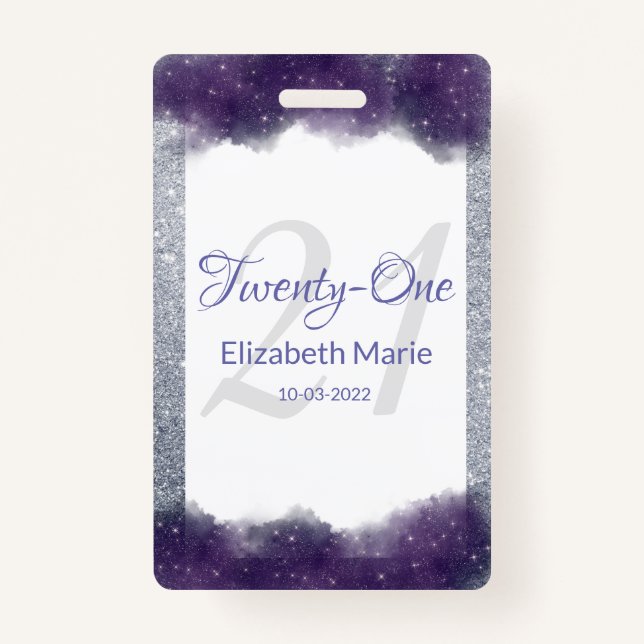 Glitter Personalised Purple Silver 21st Birthday ID Badge (Front)