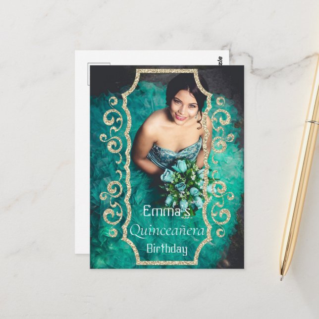 Glitter Photo Black Gold Quinceañera Birthday  Postcard (Front/Back In Situ)