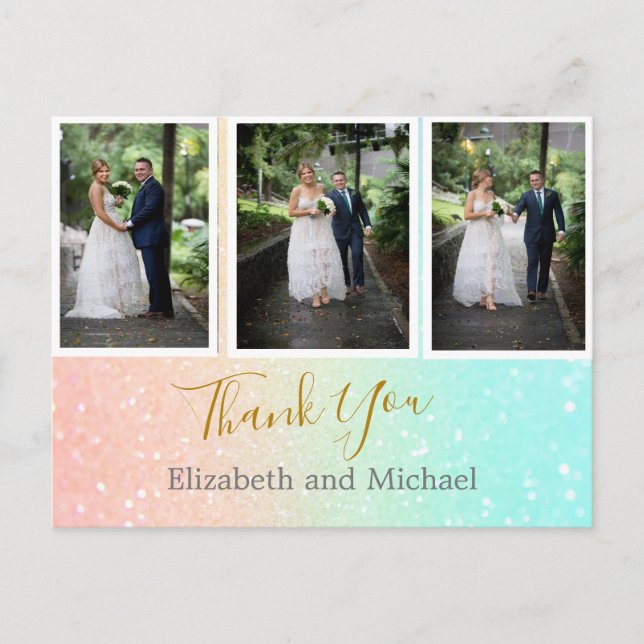 Glitter Photo Collage Elegant Wedding Thank You Postcard (Front)