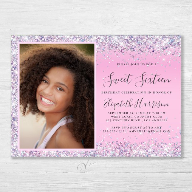 Glitter Photo Pink Sweet 16 Birthday Party Invitation (Creator Uploaded)