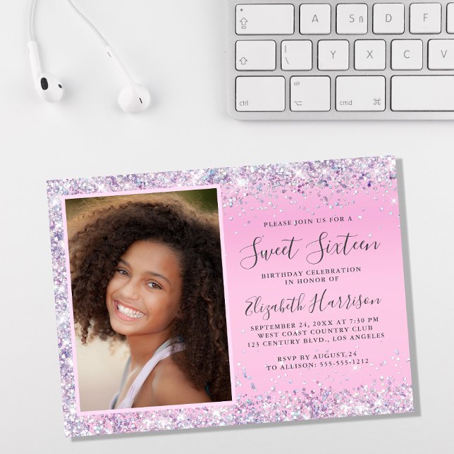 Glitter Photo Sweet 16 Birthday Party Invitation (Creator Uploaded)