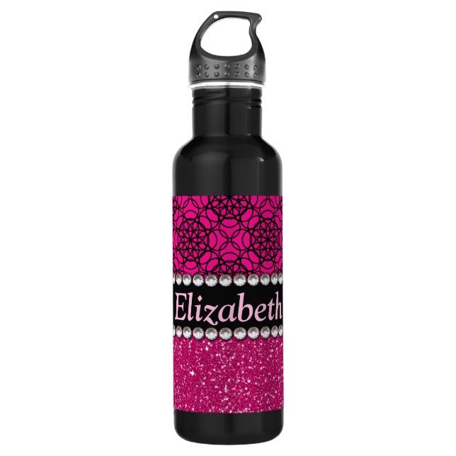 Glitter Pink and Black Pattern Rhinestones 710 Ml Water Bottle (Front)