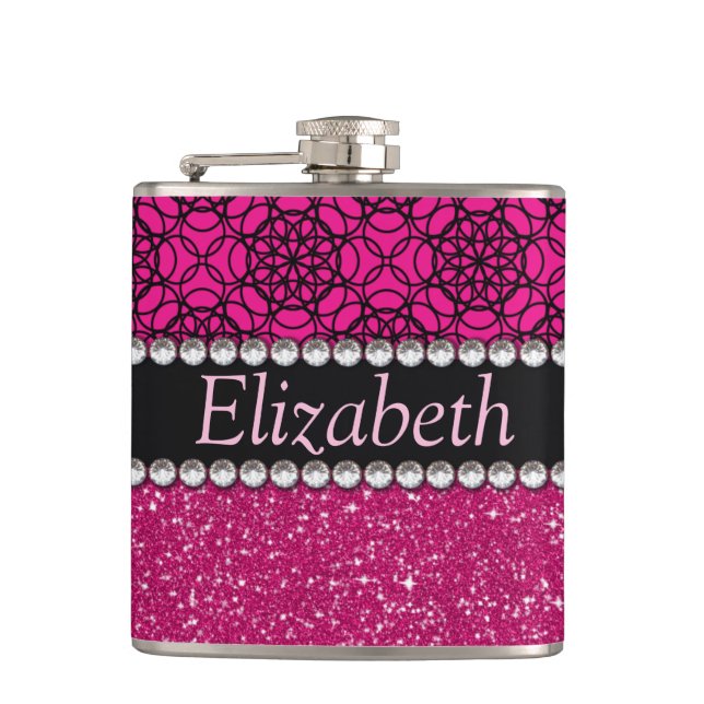 Glitter Pink and Black Pattern Rhinestones Hip Flask (Front)