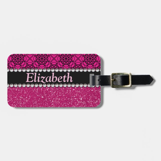 Glitter Pink and Black Pattern Rhinestones Luggage Tag (Front Horizontal)