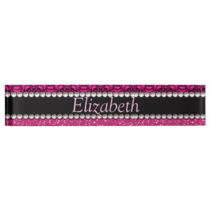 Glitter Pink and Black Pattern Rhinestones Nameplate