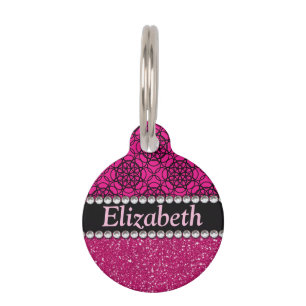 Glitter Pink and Black Pattern Rhinestones Pet Tag
