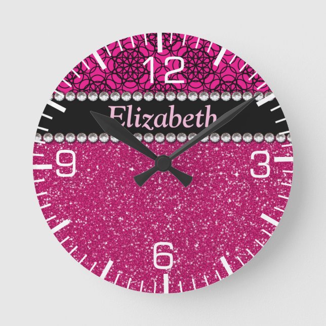 Glitter Pink and Black Pattern Rhinestones Round Clock (Front)