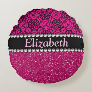 Glitter Pink and Black Pattern Rhinestones Round Cushion