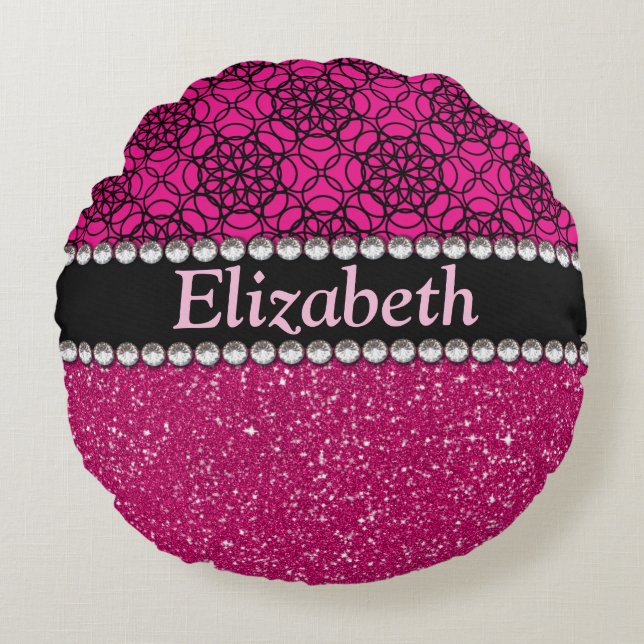 Glitter Pink and Black Pattern Rhinestones Round Cushion (Front)