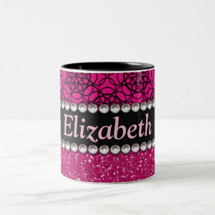 Glitter Pink and Black Pattern Rhinestones Two-Tone Coffee Mug