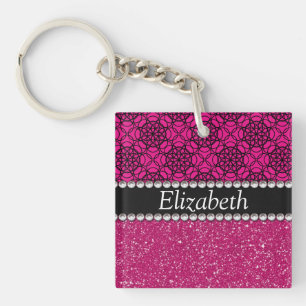 Glitter Pink and Black Pern Rhinestones Key Ring