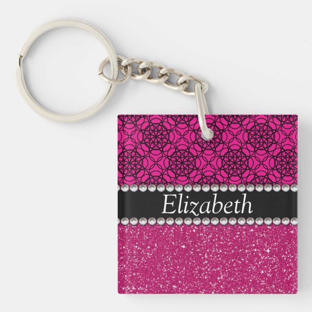 Glitter Pink and Black Pern Rhinestones Key Ring (Front)