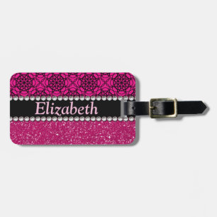 Glitter Pink and Black Rhinestones Phone Number Luggage Tag
