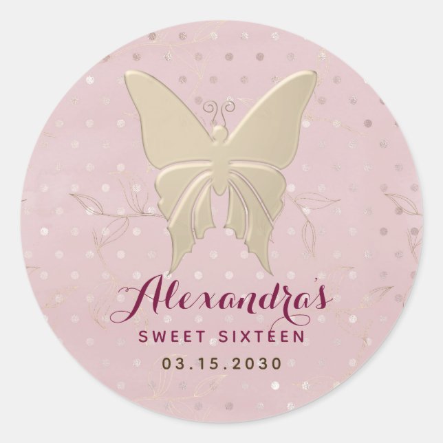 Glitter Pink and Gold Birthday Classic Round Sticker (Front)