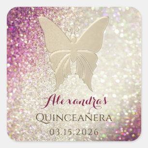 Glitter Pink and Gold Quinceanera Birthday Square Sticker