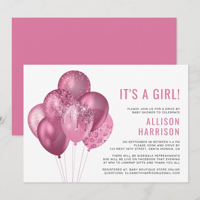 Glitter Pink Balloons Drive By Baby Girl Shower Invitation (Front/Back)