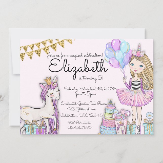 Glitter Pink Birthday Blonde Girl Unicorn Invitation (Front)