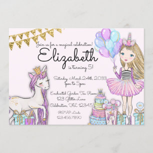 Glitter Pink Birthday Blonde Girl Unicorn Invitation