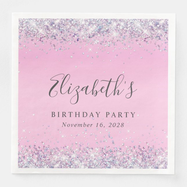 Glitter Pink Birthday Party Napkin (Front)