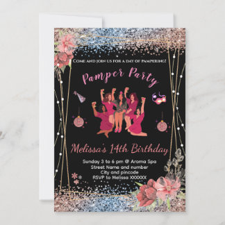 Glitter pink/black teen girls Pamper party invites