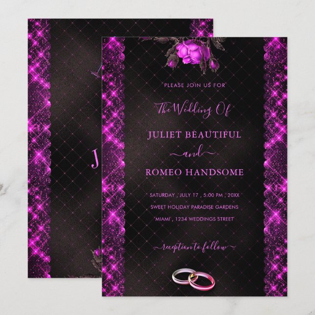 Glitter Pink Black Wedding Invitation Template (Front/Back)