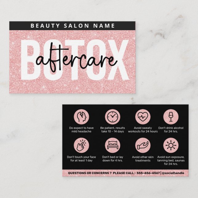 Glitter Pink Botox Filler Instruction Aftercare Business Card (Front/Back)