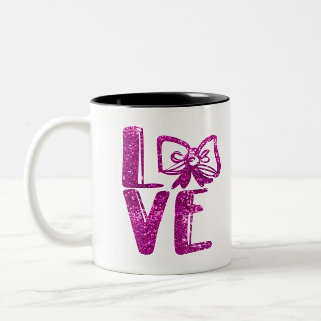 glitter pink bow Two-Tone coffee mug (Left)