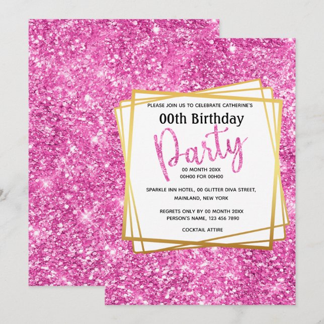 Glitter pink confetti birthday age elegant party invitation (Front/Back)